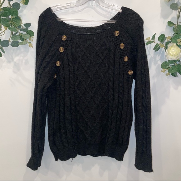 Black Cable Knit Sweater with Button Accents - Picture 2 of 8
